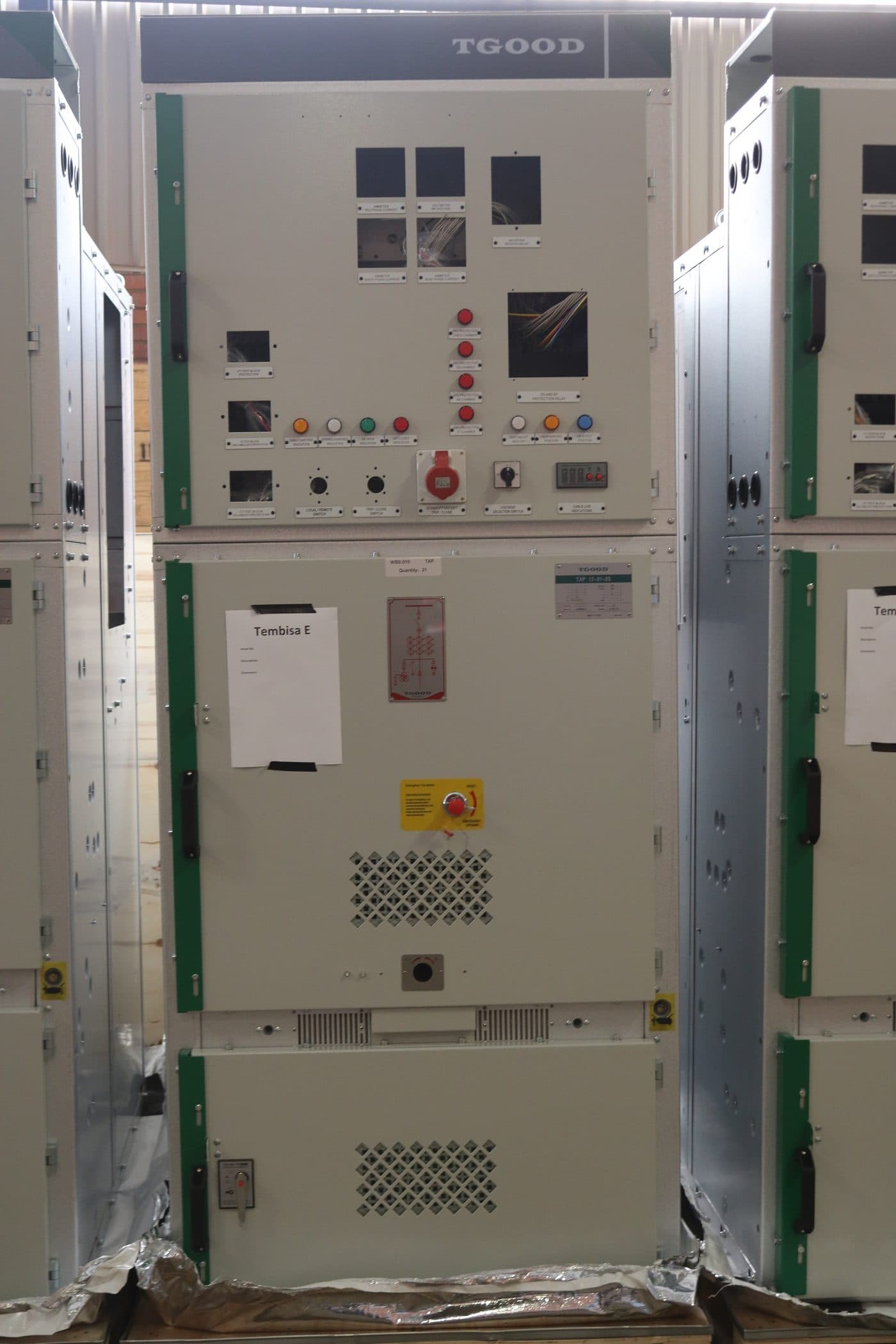 Front view of a switchgear and protection panel with relays and indicators